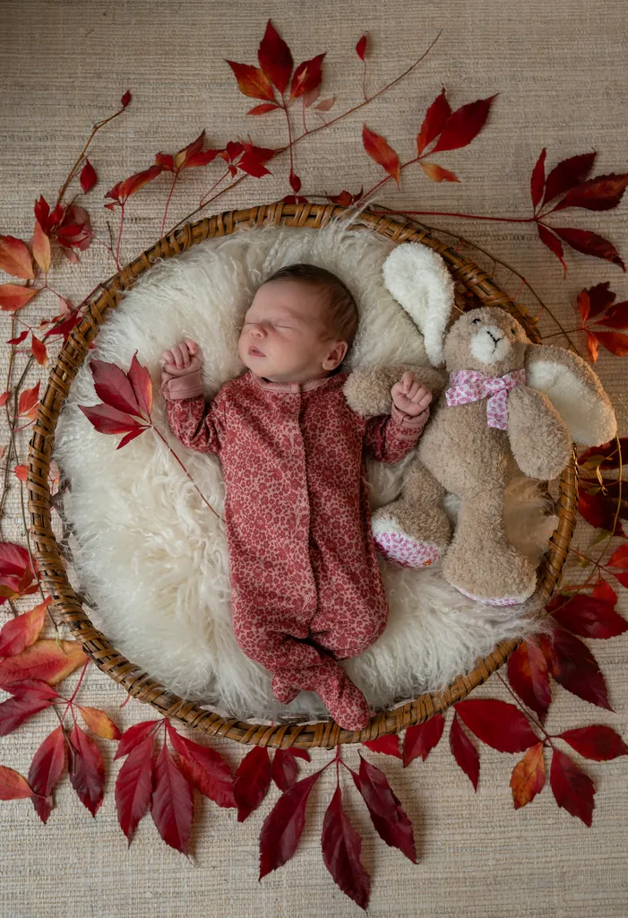 Newborn in a red romper inside a wreath of autumn leaves