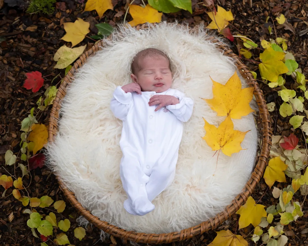 Newborn in white on a fur nest surrounded by autumn leaves