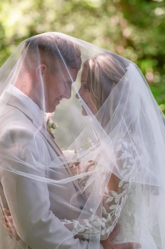 Bride and groom kissing under her veil
