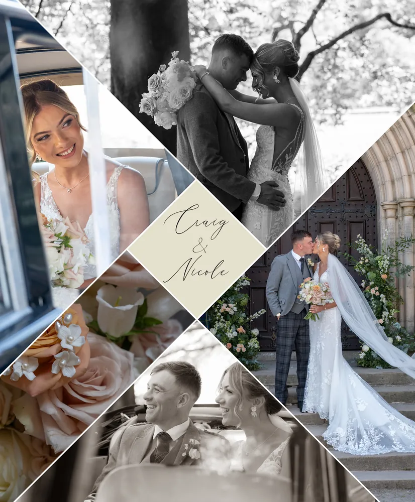 Album cover: a collage of the couple, the church and the day's details, with their names in gold