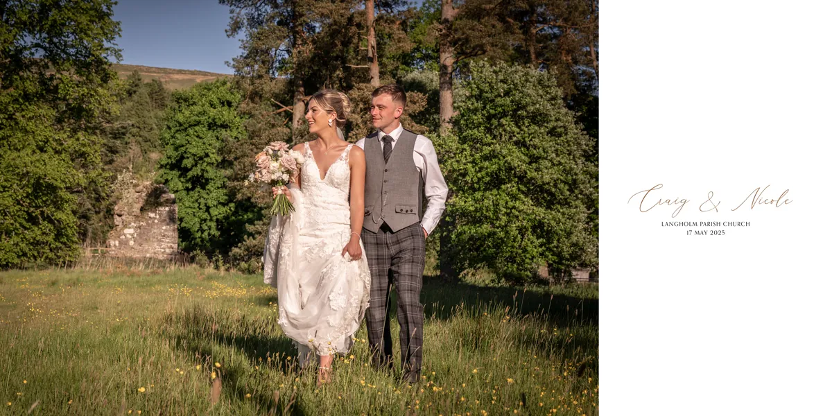 Opening spread: the couple walking through sunlit long grass beside the title page