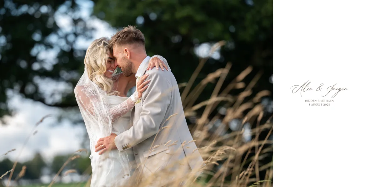 Opening spread: the couple embracing in long grass beside the title page